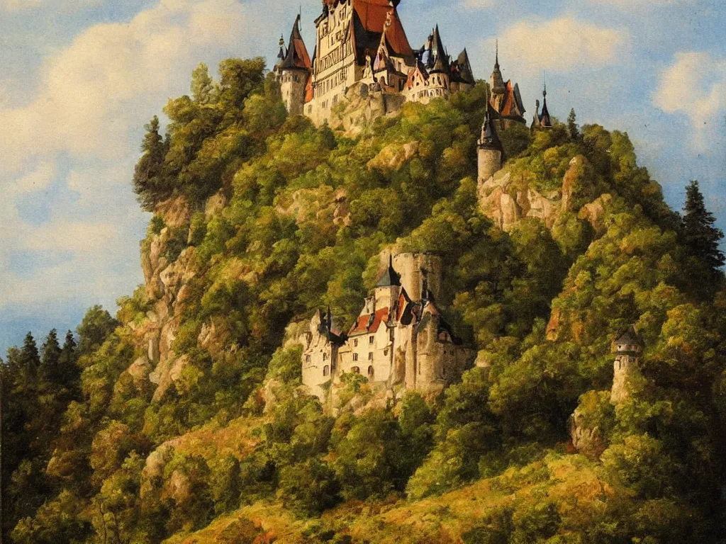 Image similar to a painting of a german castle on the cliff