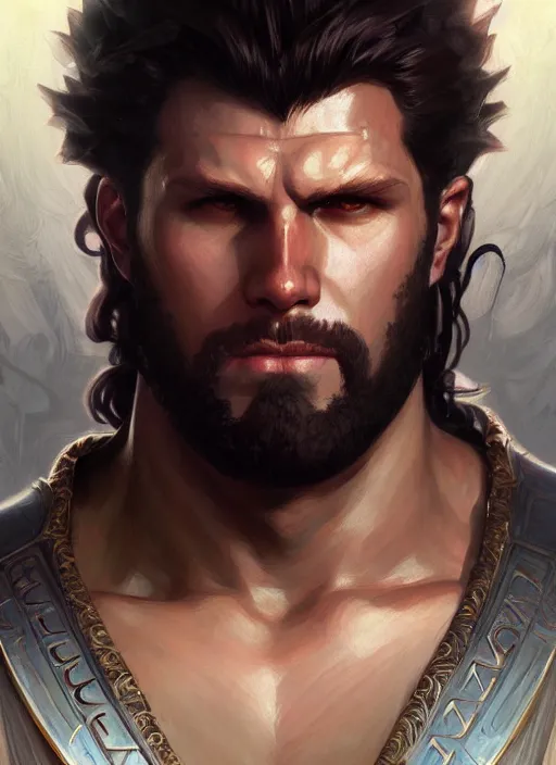 Image similar to portrait of handsome heracles from fate stay night, d & d, fantasy, intricate, elegant, highly detailed, digital painting, artstation, concept art, smooth, sharp focus, illustration, art by artgerm and greg rutkowski and alphonse mucha