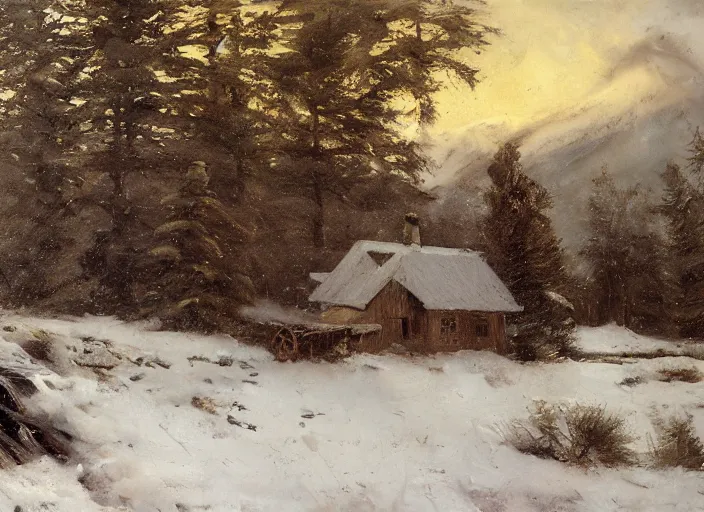 Image similar to oil painting, snow blizzard in woodland meadow, log cabin, smoke billowing from chimney, water stream, water wheel, oak trees, pine trees, wooden bridge, mild breeze wind, mountain in background, high detailed art by anders zorn, wonderful masterpiece by greg rutkowski, beautiful cinematic light, american romanticism by greg manchess, creation by tyler edlin