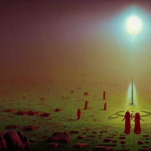 Prompt: the scene opens upon a bleeding android priest who is tending to his flock of children who are made of brilliant clear crystal, epic scope, cinematic, rule of thirds, photorealistic, hyperrealistic, 8 k, intricate detail, ultra detail, cyberpunk, superpop ultrabright, in the style of moebius, in the style of zdzisław beksinski.