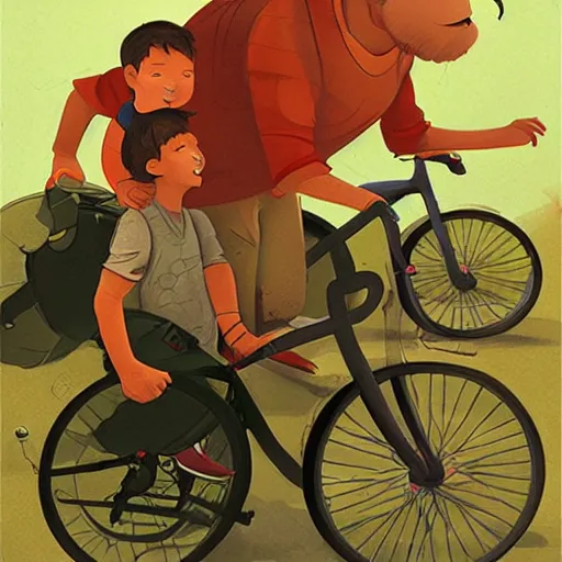 Image similar to a father helping his son ride a bike for the first time, flat graphic style, children's book illustration by Loish, Wenjun Lin