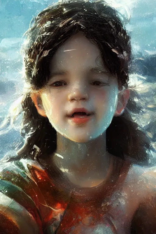 Image similar to Atlantis little girl, joyful, close-up portrait, intricate, elegant, volumetric lighting, scenery, digital painting, highly detailed, artstation, sharp focus, illustration, concept art, ruan jia, steve mccurry