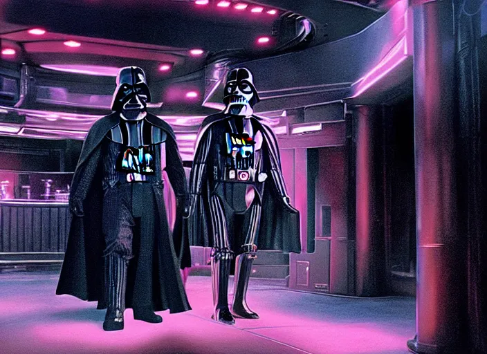 Image similar to film still of Darth Vader goes to a night club in the new Star Wars movie, 4k