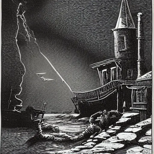 Image similar to Innsmouth by H.P. Lovecraft, fishing town, scenic image, dramatic lighting, drawing, illustration by Gustav Doré