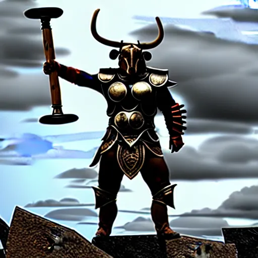 Prompt: a minotaur wearing plate armor and holding a mace, high resolution film still, 4k, HDR lighting, film by Thor Freudenthal and Chris Columbus