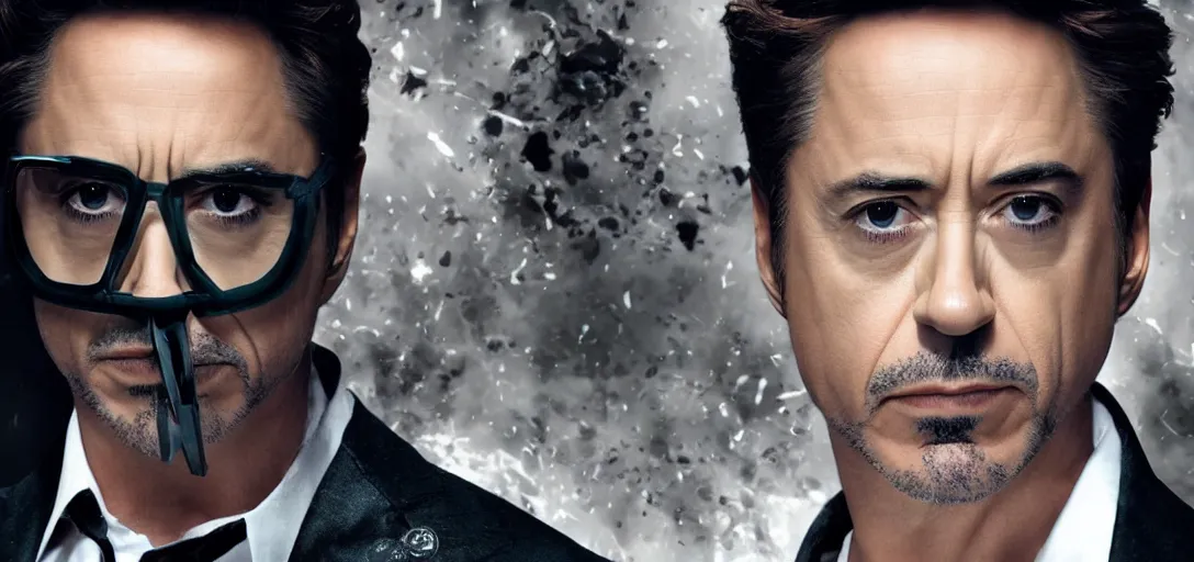 Image similar to robert downey jr in batman suit, portrait hd, without helmets 4 k, clear face,