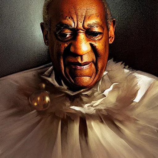 Image similar to hyperrealistic portrait of bill cosby as a vampire witch in a black coat holding a human skull as a crystal ball. by jeremy mann and alphonse mucha, fantasy art, photo realistic, dynamic lighting, artstation, poster, volumetric lighting, very detailed faces, 4 k, award winning