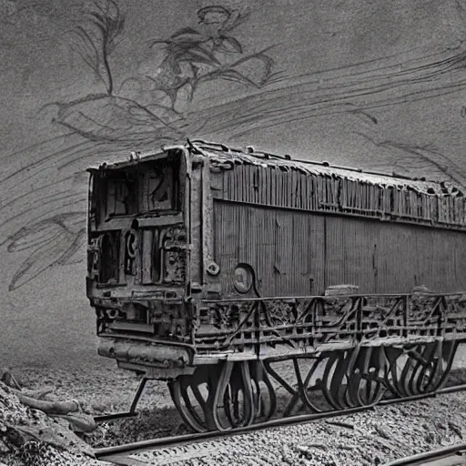 Prompt: boxcar made of human meat and bone, biomechanical railroad, highly detailed, War Photography, Pushead art, by H.R. Giger