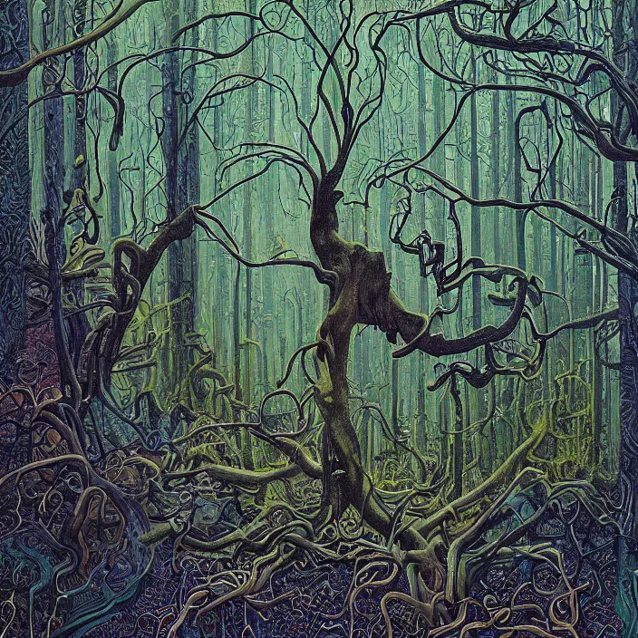 Prompt: surrealism by James McCarthy, charles burchfield art painting, beautiful arboreal forest by Maksymilian Novak-Zempliński, oregon washington rain forest by jonathan solter, the sun glitchart, glitch effect sunlight, alien dream worlds, hellscape by Gustave Doré, seascape by Gustave Doré, with surreal architecture, gregory Euclide, , vast surreal landscape and horizon by David Normal--cfg 11