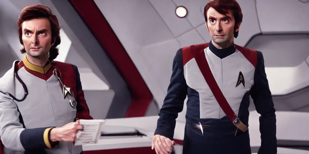 Image similar to David Tennant as Doctor Who, in Starfleet uniform, in the role of Captain Kirk in a scene from Star Trek the original series