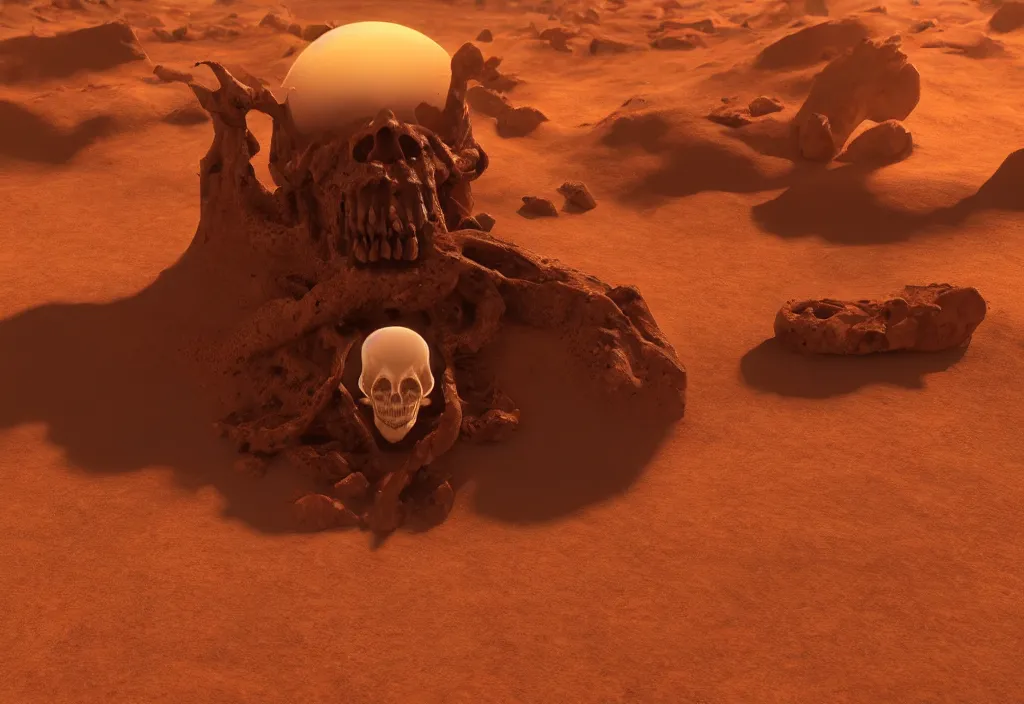 Image similar to eldritch alien skull in a dessert in mars, cinematic lighting, octane tender, volumetric light, dark - art