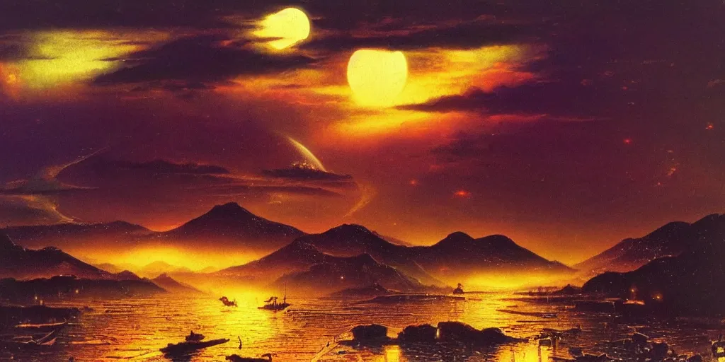 Image similar to awe inspiring bruce pennington landscape, digital art painting of 1 9 6 0 s, japan at night, 4 k, matte