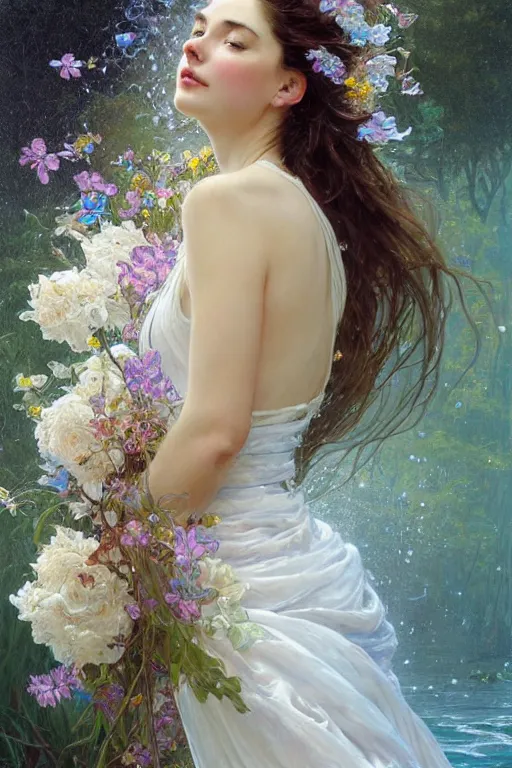 Image similar to portrait of a beautiful woman wearing a white dress, holding a bouquet of flowing flowers, drenched body, wet dripping hair, emerging from the water, fantasy, regal, fractal crystal, fractal gems, by stanley artgerm lau, thomas kindkade, alphonse mucha, loish, norman rockwell