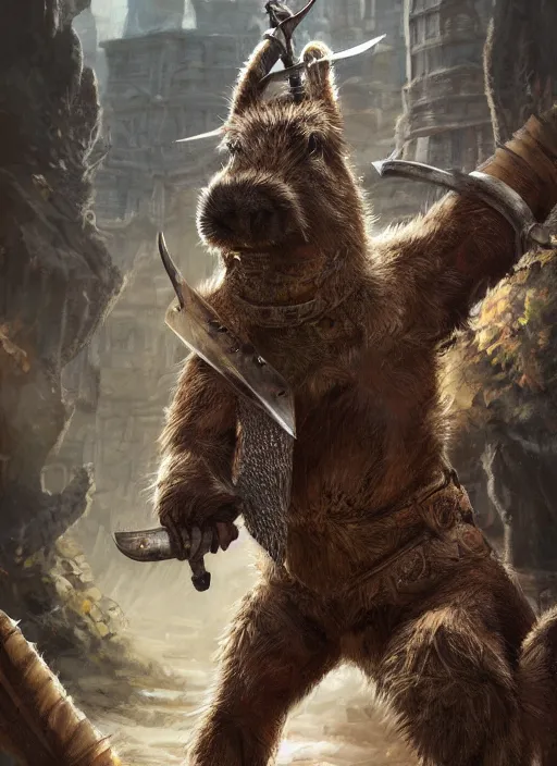 Prompt: detailed full body concept art illustration, oil painting on canvas of an anthropomorphic capybara barbarian swinging a broad sword in full intricate clothing, biomutant, dystopian, micro detail, octane render, 4K