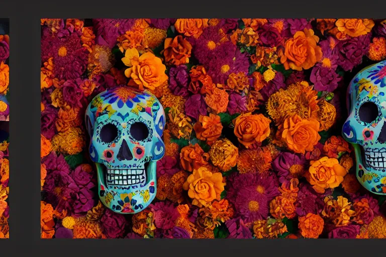 Image similar to dia de los muertos, calaveras and aztec marigold flowers designs by Jorge Gutierrez, 8k resolution, artstation trends cosmic light, detailed octane render