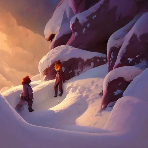 Prompt: snow avalanche, dramatic, cool shadows, warm light, cute, by disney, animation art - perfect global illumination, illustration, romantic painting, centered composition, by jesper ejsing, by rhads, makoto shinkai and lois van baarle