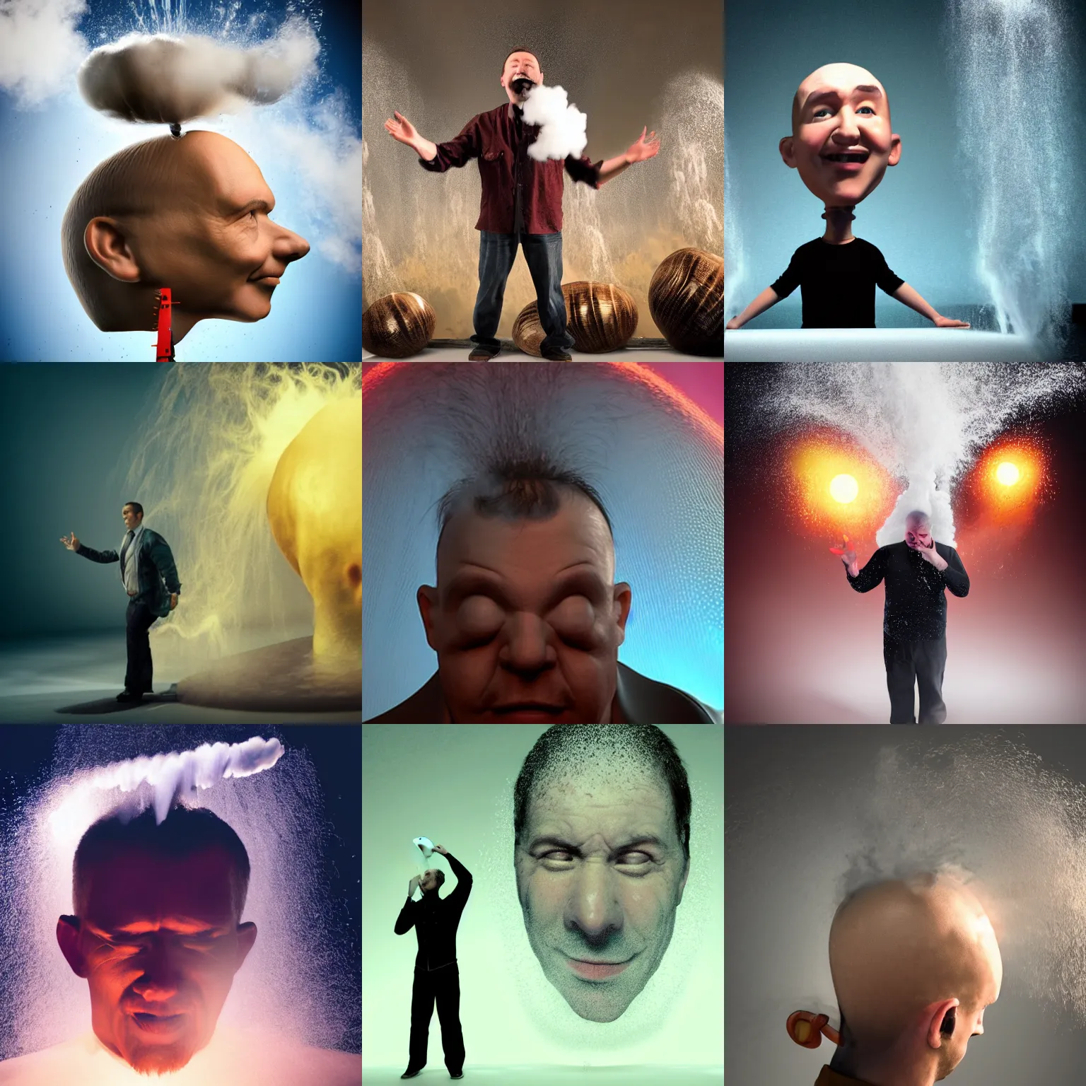 Prompt: a man with an extremely large head floats in the air while steam pours out his ears, 3 d film, attention grabbing