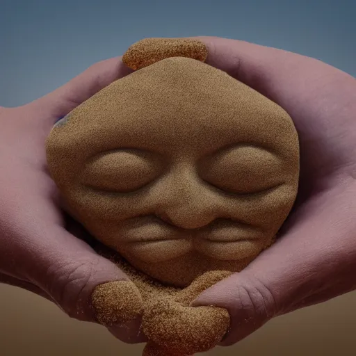 Image similar to hands holding a face made of sand vanishing, photorrealistic, 8 k