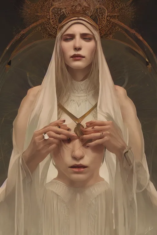 Prompt: pale priestess of the sacral moon full body portrait highly detailed, digital painting, artstation, concept art, smooth and sharp focus, illustration, art by tian zi and wlop and alphonse mucha