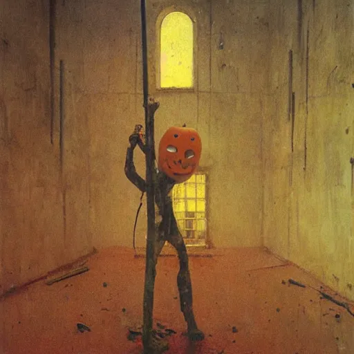 Image similar to pumpkin head man holding a sledgehammer stands inside an abandoned asylum, beksinski