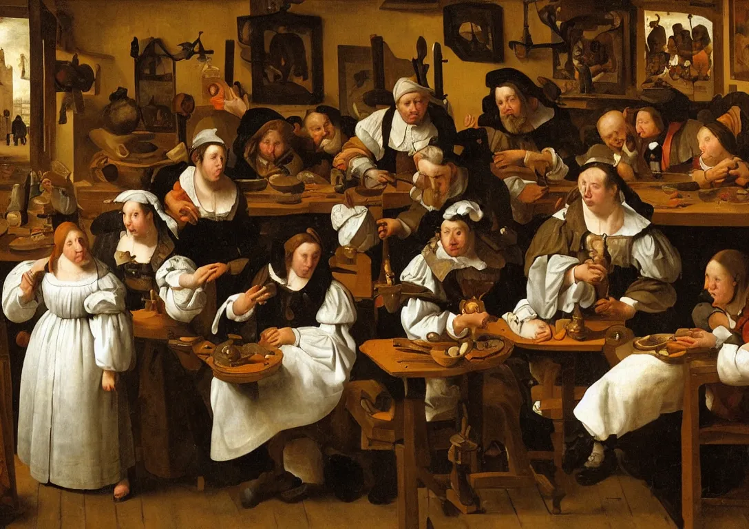 Prompt: Jan Steen. One Beautiful woman symmetric in the center looking at us. Pig, dog, duck, window. Netherlands tavern, low ceiling, small chamber. Hyperrealistic, ultra detailed, 80mm, museum, artwork. Daylight.