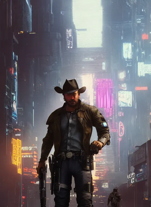 Image similar to arthur morgan. cyberpunk police trooper in a military vest ( blade runner 2 0 4 9, cyberpunk 2 0 7 7 ). orientalist portrait by john william waterhouse and james gurney and theodore ralli and nasreddine dinet, oil on canvas. cinematic, hyper realism, realistic proportions, dramatic lighting, high detail 4 k