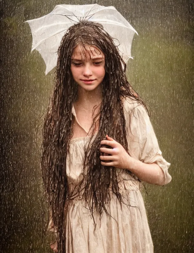 Image similar to wet long hair very beautiful happy peasant girl under the rain, country style, portrait, Cinematic focus, Polaroid photo, vintage, neutral colors, soft lights, foggy, by Steve Hanks, by Serov Valentin, by lisa yuskavage, by Andrei Tarkovsky 8k render, detailed, oil on canvas