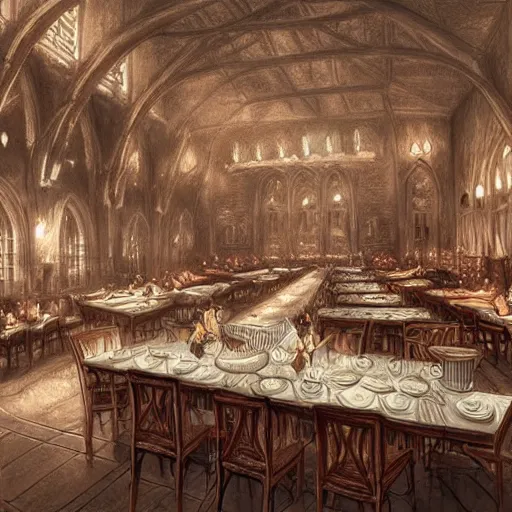 Image similar to incredibly huge castle dining hall with four incredibly long tables with hundreds of chairs full of food, realistic and detailed pencil drawing, artstation