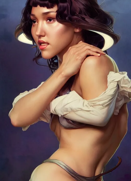 Image similar to intense fan art concept art by artgerm, tooth wu, bierstadt, gurney, stalenhag and alphonse mucha. an incredible collage of countless pin - ups of jessica alba as betty page in every form, contour light effect!! 8 k, stage light. octane render. smooth. sharp edge. ultra clear detailed, full body various poses!!