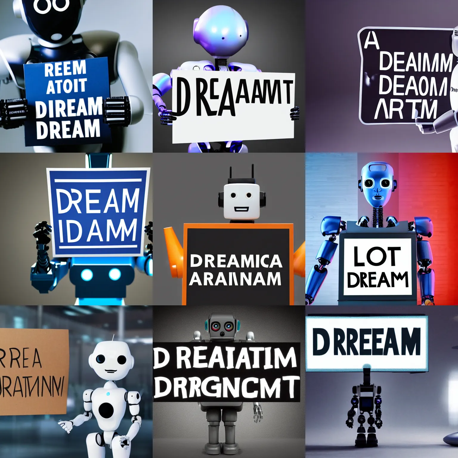 Image similar to artificial intelligence robot holding a sign with text that reads : dream