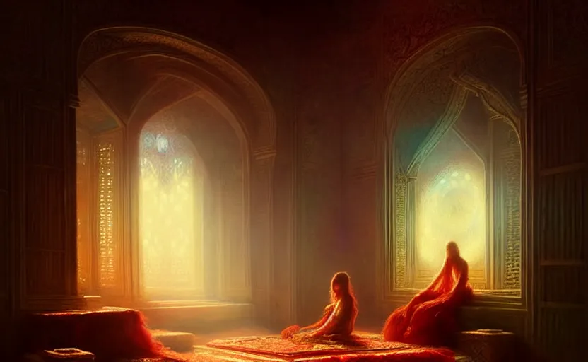 Image similar to magic fluffy Persian carpet dimension, by Greg Rutkowski and Gaston Bussiere, dim lighting, beautiful volumetric-lighting-style atmosphere, surreal atmosphere, intricate, detailed, photorealistic imagery, artstation