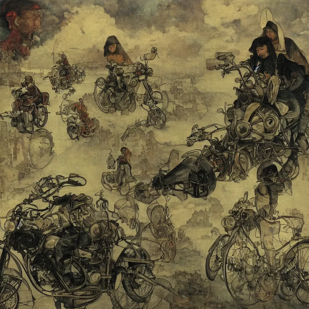 Prompt: a city in the clouds, foggy, one highway leaving the city curving towards viewer with one motorcycle with headlight on man riding motorcycle wearing leather jacket and black helmet, highly detailed, by james jean and hieronymus bosch and alphonse mucha