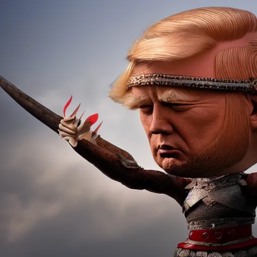 Image similar to a viking holding donald trump head, highly detailed, 8 k