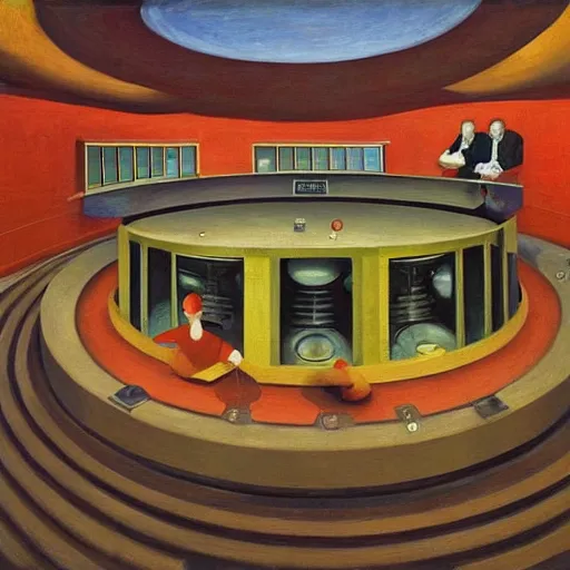 Prompt: robotic scientists in a dome - shaped control center, grant wood, pj crook, edward hopper, oil on canvas