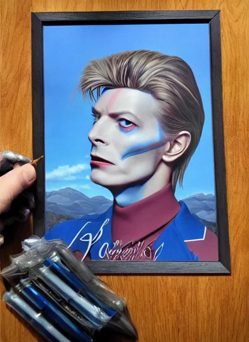 Image similar to twin peaks poster art, portrait of david bowie chases the blue colored rose, by michael whelan, rossetti bouguereau, artgerm, retro, nostalgic, old fashioned