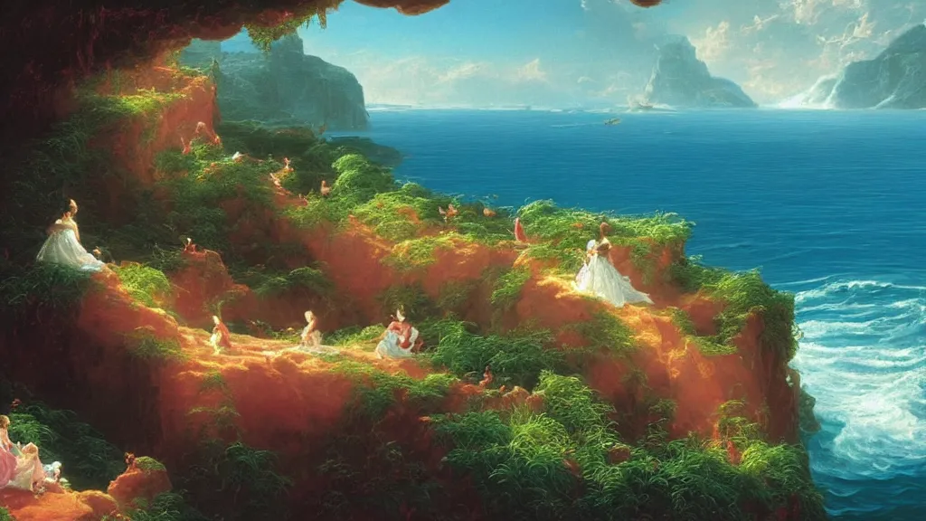 Prompt: very detailed and perfectly readable fine and soft relevant out of lines soft edges painting by beautiful walt disney animation films of the late 1 9 9 0 s and thomas cole in hd, we see an ocean world, nice lighting, perfect readability