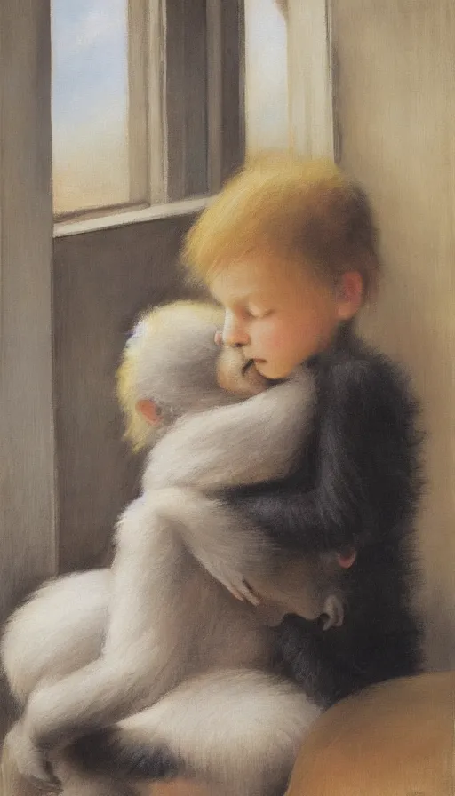 Prompt: still-life painting of a human-boy hugging a fuzzy baby-gorilla by the window, by Helene Schjerfbeck, in the style of 'Mother and Child 1886' by Helene Schjerfbeck. golden hour, dramatic lighting, volumetric lighting, intricately detailed, canvas print
