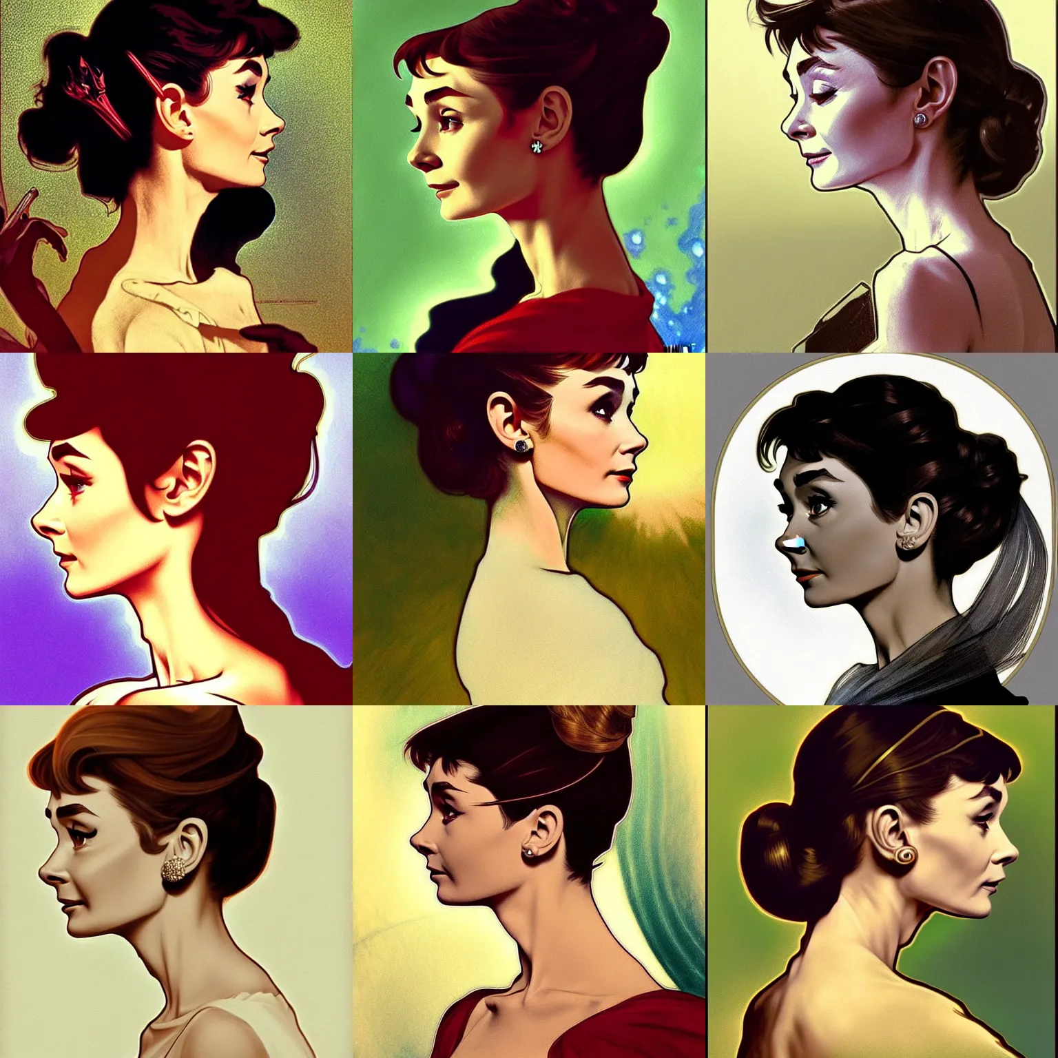 Prompt: side profile centered painted portrait, Audrey Hepburn as a wind sorcerer, D&D, cell-shaded, matte painting concept art, bright backlit, official fanart, 4k, Pinterest, by Alphonse Mucha - H 704