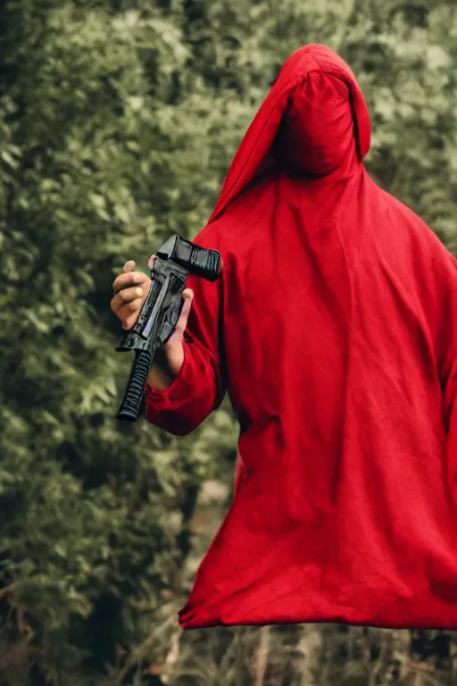 Prompt: man wearing a red sack over his head holding a gun, bloody, looking at the camera, photograph, amateur