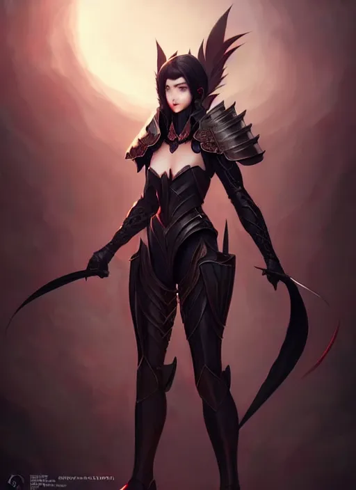 Image similar to full plate armor!!! beautiful and elegant dark hair female vampire!! gorgeous ayes!! character concept art, sharp focus, octane render! unreal engine 5! highly rendered!! trending on artstation!! detailed linework!! illustration by artgerm, wlop, and chie yoshii