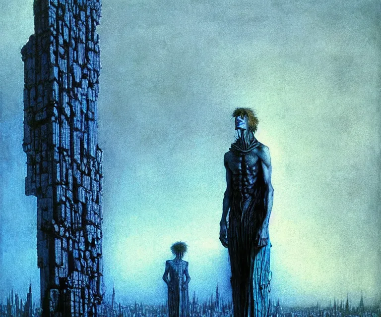 Image similar to tall man consisting of blue translucent shiny material and sparse metallic stripes, standing in ruins in the evening. extremely high details, realistic, fantasy art, solo, masterpiece, art by zdzislaw beksinski, arthur rackham, dariusz zawadzki