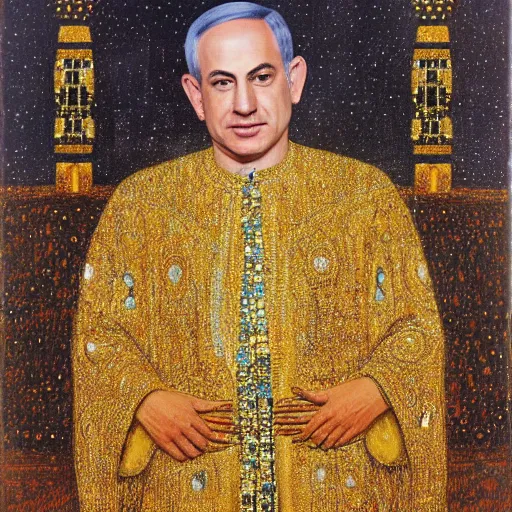 Image similar to a portrait of benjamin netanyahu wearing golden ornate robe, earings, necklace, jewels, by gustave klimt