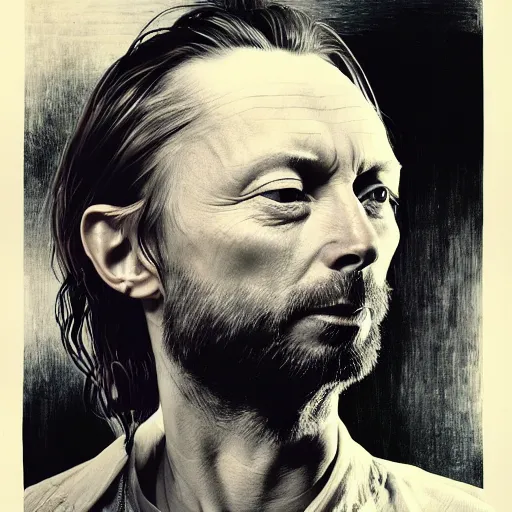 Image similar to collages, hyper realistic, many variations portrait of very old thom yorke, face variations, singer songwriter, ( side ) profile, liminal space, by lee bermejo, alphonse mucha and greg rutkowski, greybeard, smooth face