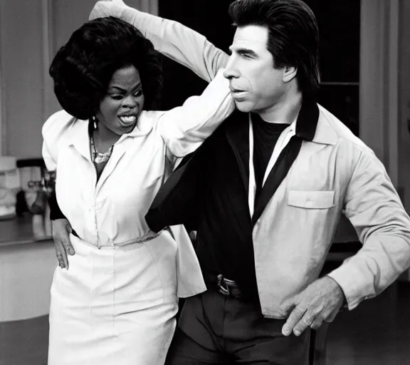 Prompt: john travolta and Oprah Winfrey doing whip-it’s, photograph by Dorothea Lange