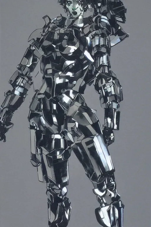 Image similar to full body girl metal armor painting by yoji shinkawa