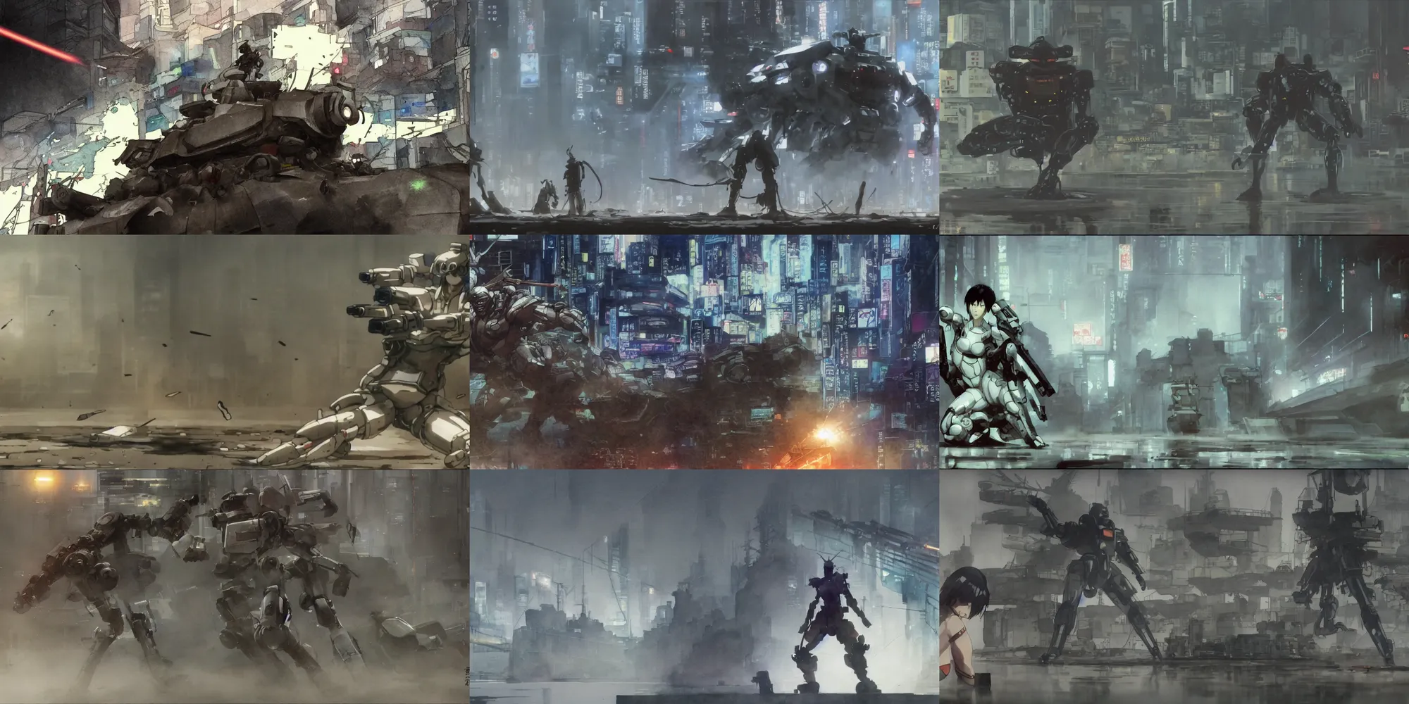 Prompt: incredible screenshot, simple watercolor, masamune shirow ghost in the shell movie scene close up broken Kusanagi tank battle, brown mud, dust, titanic tank with legs, robot arm, ripped to shreds, engine parts, karate kick , laser wip, glass shatters, light rain, neo tokyo, reflections, refraction, bounce light, ruan jia, rim light, bokeh ,hd, 4k, remaster, dynamic camera angle, deep 3 point perspective, fish eye, dynamic scene