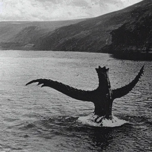 Image similar to Victorian photograph of the Loch Ness monster, very grainy, edwardian, slightly blurry, 1900s, 1890s