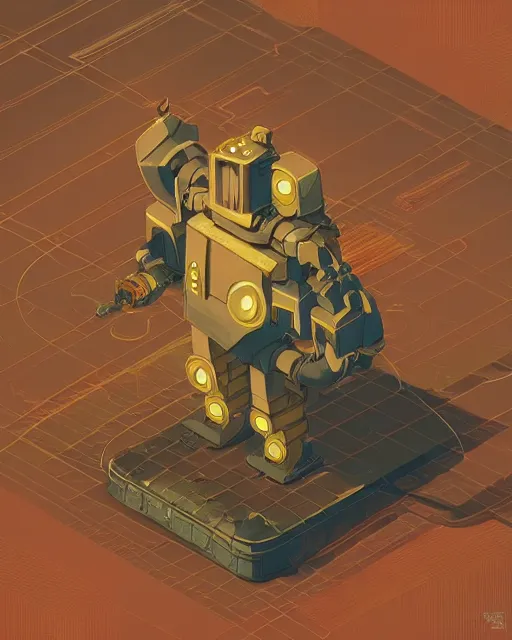 Prompt: a 2d isometric illustration of a steampunk robot warrior, art by studio ghibli and greg rutkowski and disney concept artists, isometric perspective, studio ghibli color scheme, octane, cgsociety, intricate, macro