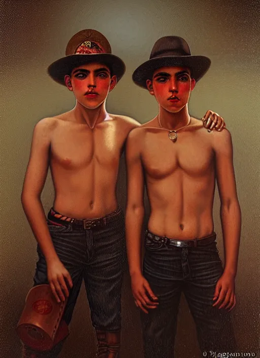 Prompt: portrait of macho young twin mexican buddies in guadalajara, by tom bagshaw and manuel sanjulian