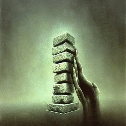 Prompt: arm reaching out of thick fog, cement blocks, zdzislaw beksinski